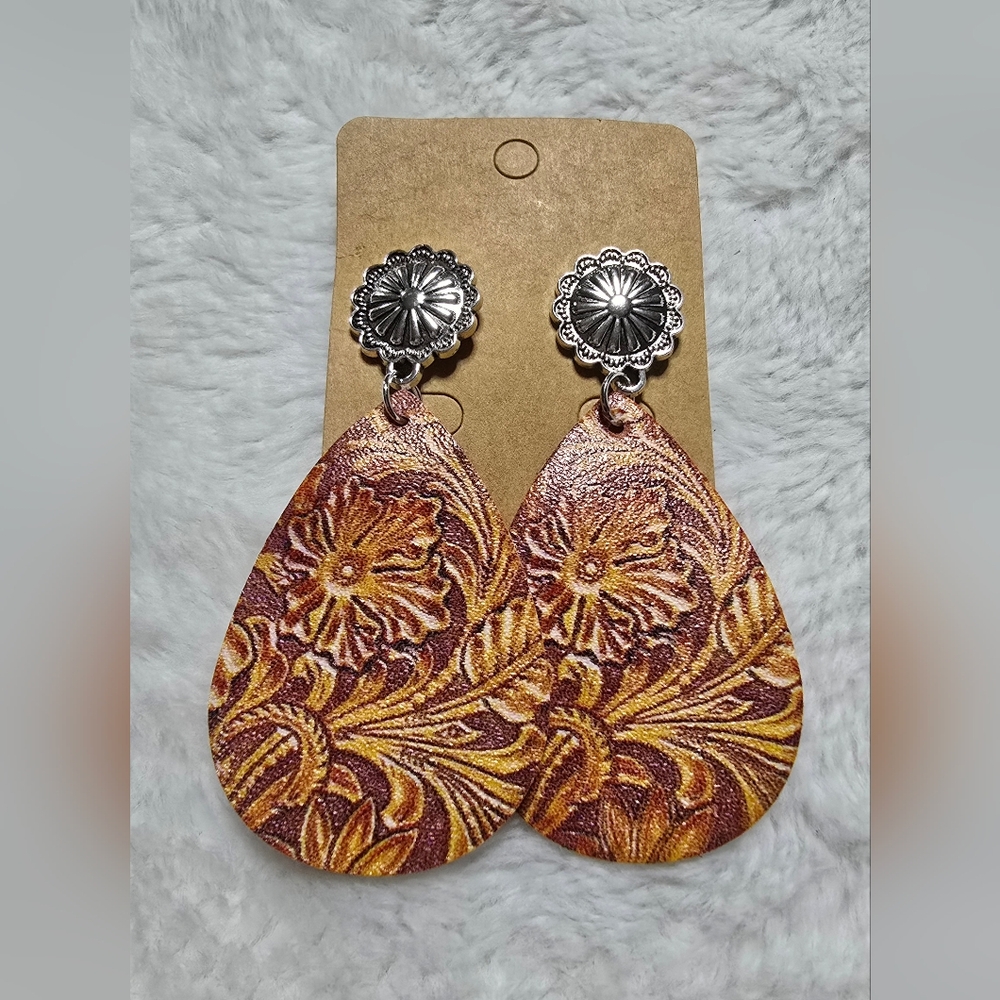 Tear Rain Drop Dangle Earrings Boho Floral Ring Western Cowgirl - Picture 5 of 5